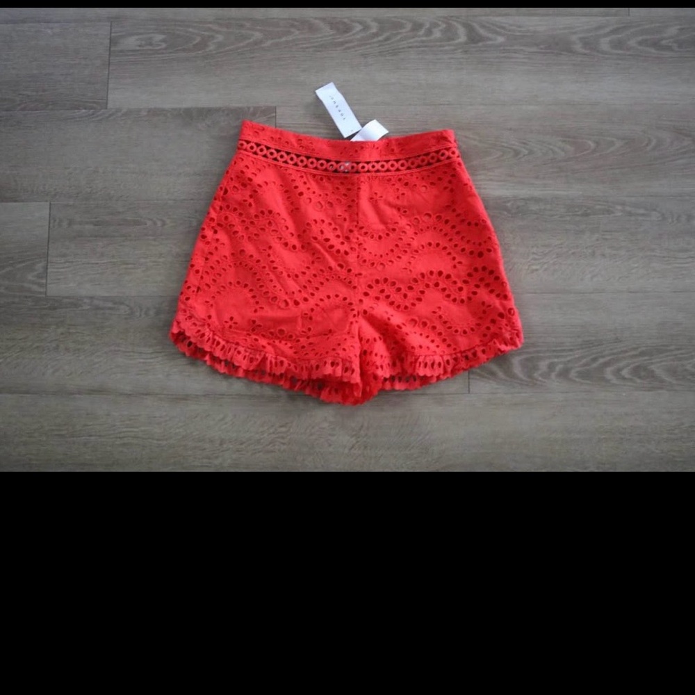 Topshop Red Eyelet Scalloped-Hem Shorts